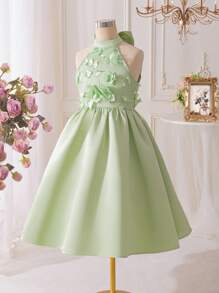 SHEIN Váy midi đính hoa cổ bẻ không tay thanh lịch cho bé gái tuổi teen - Màu xanh Bạc hà - Xem 4