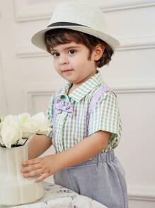 SHEIN 2 件套男婴格子连体裤搭配蝴蝶结衬衫和吊带短裤绅士装，蓝色和紫色 - 彩色 - 查看 8