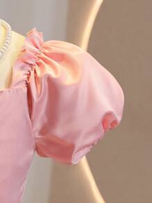 SHEIN Tween Girl 薄纱提花 A 字形连衣裙，鸡心领泡泡袖，褶皱腰身，喇叭裙，适合情人节、婚礼、生日派对的特殊场合连衣裙 - 粉色 - 查看 6