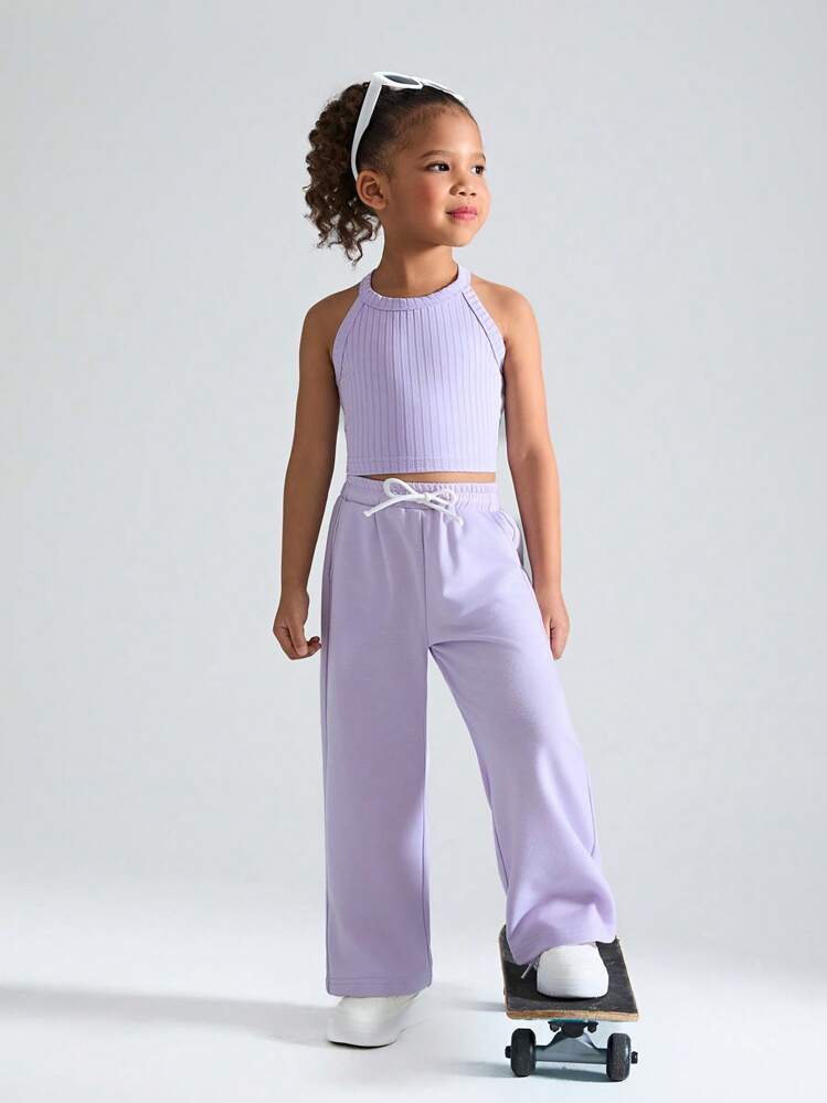 Young Girls Casual Sports Set, Solid Color Stretchy Crew Neck Tank Top + Loose Elastic Waist Wide Leg Sweatpants, Comfortable Sports Outfit For Summer Casual Wear And Daily Use - Mauve Purple - View 3