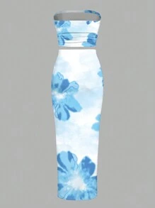 SHEIN BAE 2 件套女士花卉扎染/抹胸 2 件夏季度假套装/女士两件套/海滩装/女士沙滩装/女士度假装/度假/2 件套/女士套装/女士配套套装/狂欢装节日/度假两件套/2 件套夏季 - 淺藍色 - 查看 2