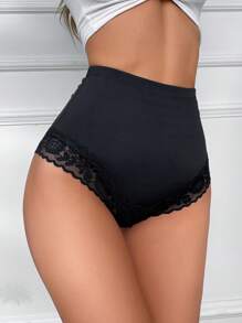 1pc Ladies Seamless Shapewear Panties With Elegant Lace Patchwork Design - Black - View 6