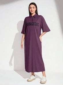 Mulvari 女士前拉链短袖字母印花休闲长裙 - 紫色 - 查看 4