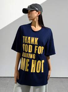 StreetHx 女士休闲宽松口号印花短袖 T 恤