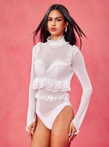 Reminiscence Studio Body de manga larga con cuello alto, con transparencias de malla blanca, adornos de encaje y volantes, con ojales para los dedos, diseño Y2K, para festivales y raves, conjunto de dos piezas para mujer, ropa de mujer en tallas petite - Blanco - Ver 7