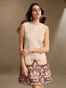 Anewsta Women's Elegant Floral Pattern Rhinestone Embellished Sleeveless Round Neck Mini Dress, Suitable For Festivals, Going Out, Vacations