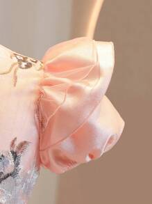 Robe courte de demoiselle d'honneur à ligne A, texture à volants et manches bouffantes, de qualité supérieure, pour mariage, bal de promo, anniversaire - Rose bonbon - Voir 7