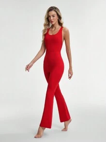Lifespree Dames effen kleur rugloze mouwloze aansluitende sportjumpsuit