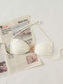 Swim Mod Springbreak Women's New Fashionable Solid Color Spaghetti Strap Metal Accessory Solo Bikini Top, Festival Boho - Beige - View 3