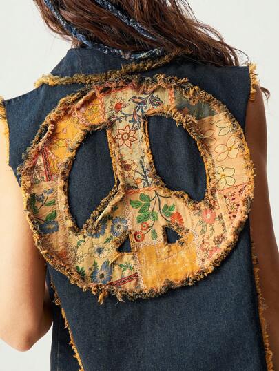 Bohemela Boho Denim Cowgirl Denim Floral Print Frayed Hem Casual Vest Jacket For Women