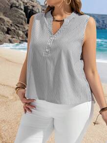 EMERY ROSE Camisa Regata com Lapela Listrada para Férias na Ilha, Plus Size, Primavera e Verão - Multicolorido - Visão 1