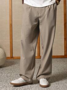 SUMWON 剪裁亚麻混纺直筒百褶正装裤经典商务办公专业长裤带侧袋轻薄春夏 - 卡其色 - 查看 3