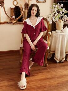 Côtesoire French Retro Peter Pan Collar Ruffled Trim Women Pajama Set Holidayseason