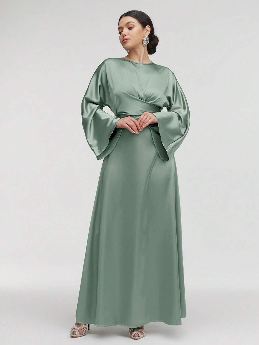 Veilorie 女士纯色缎面优雅收腰连衣裙，优雅晚会长裙 - 綠色 - 查看 1