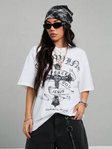 Coolane Camiseta blanca de corte oversize con estampado vintage grunge para mujer primavera verano