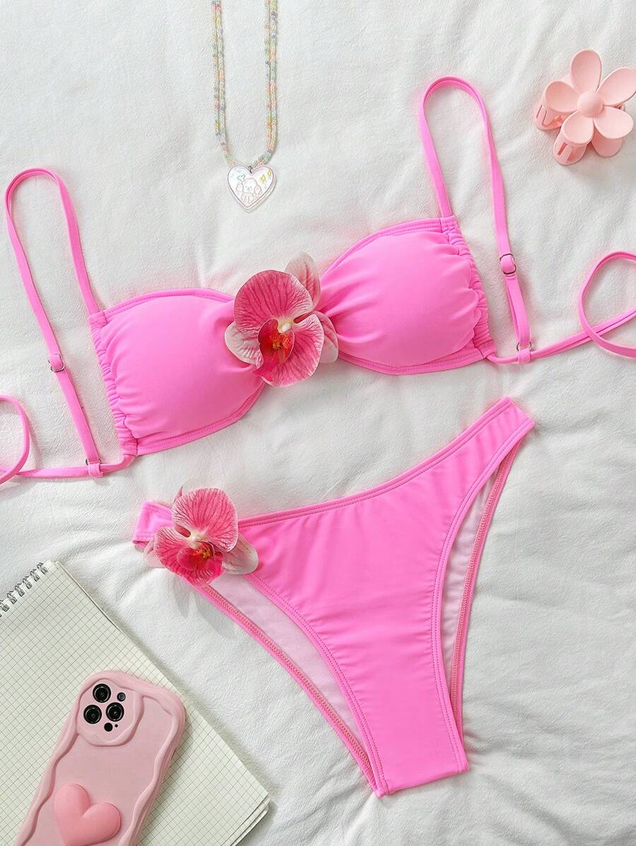 Swim Mod 粉色花朵单肩 2 件套比基尼套装，夏季新款泳衣，节日波西米亚风 - 粉色 - 查看 1