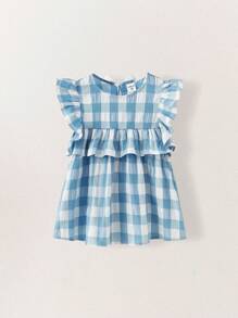 SHEIN 年轻女孩蓝色格子短袖蝴蝶结后背装饰宽松下摆衬衫，度假和乡村风格 - 藍色 - 查看 3