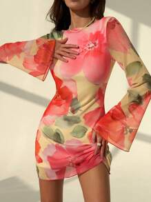 Aloruh 花卉印花网眼露背长袖迷你连衣裙，夏季度假约会装 - 彩色 - 查看 5