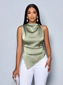 SOLERSUN Women's Fashionable Solid Color Ruched Cowl Sleeveless Asymmetrical Hem Satin Blouse