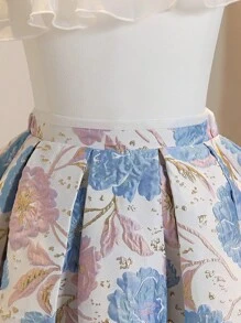 Girls Ruffle Collar Mesh Top + Jacquard Waist Skirt Set, Gorgeous Party Outfit, Elegant For Flower Girl, Bridesmaid, Wedding