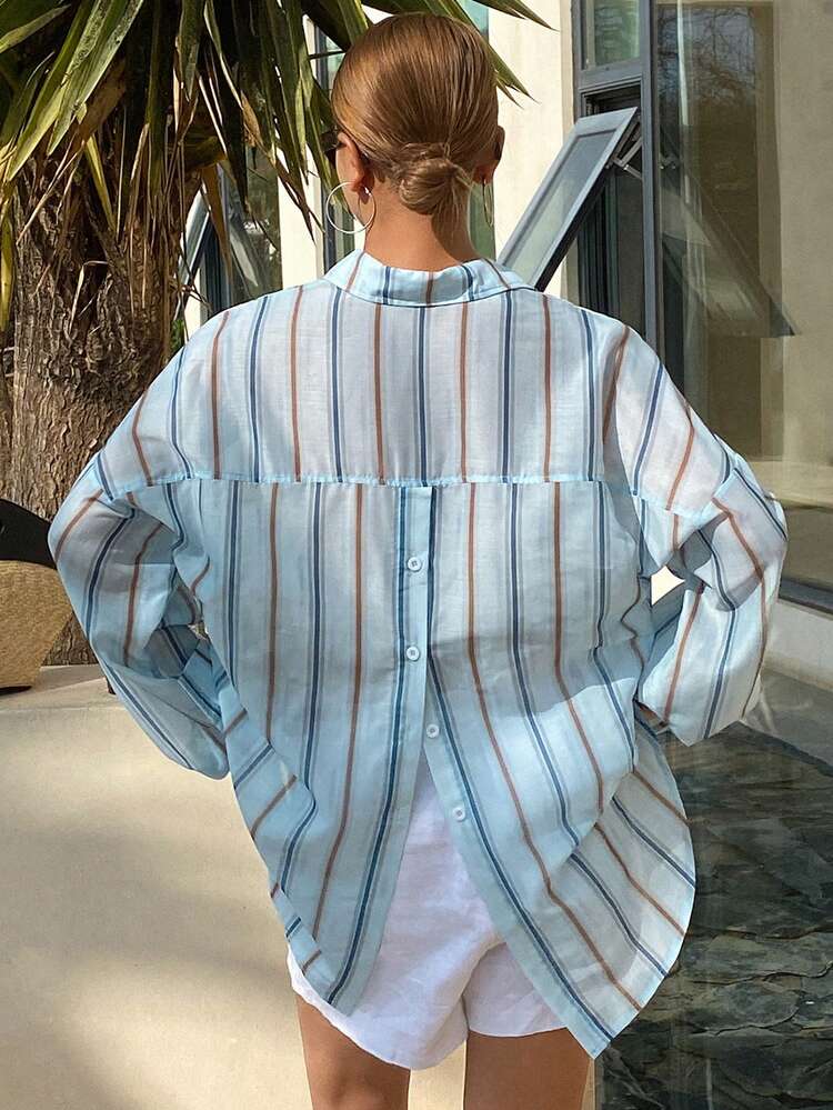 Striped Long Sleeve Women's Blouse With Back Tie Design, Loose Fit Preppy Tops,Fall Women Clothes