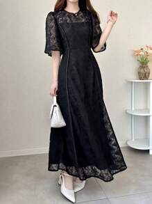 FRIFUL 女士黑色修身长款蕾丝连衣裙，优雅夏季款式，时尚连衣裙 - 黑色 - 查看 7