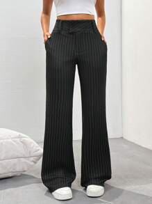 Flirla Tall Women's Casual Striped Low-Waist Trousers, Spring Fall Cloth For Women - Black - View 1