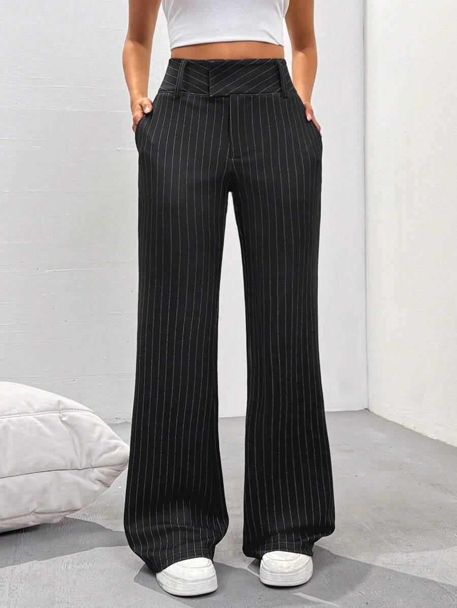 Flirla Tall Women's Casual Striped Low-Waist Trousers, Spring Fall Cloth For Women - Black - View 1