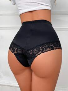1pc Ladies Seamless Shapewear Panties With Elegant Lace Patchwork Design - Black - View 2