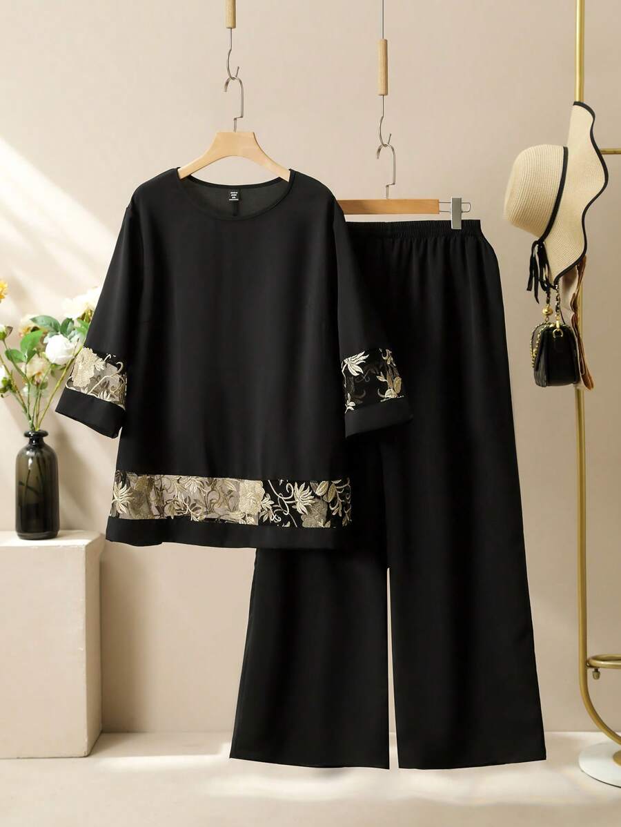 Lacomfia Elegancki styl okrągły dekolt haftowana siateczka patchwork duży rozmiar 2 częściowy zestaw