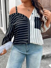 SHEIN LUNE Plus Size Women Black & White Striped Patchwork Collar Shoulder Asymmetrical Shoulder Design Music Festival 2 In 1 Shirt Spring Outfits For Women Summer Outfits For Women Summer Clothes Easter Outfit Women Western Wear Women