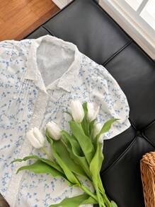 DAZY Women's Lace Patchwork Peter Pan Collar Flutter Sleeve Chiffon Ditsy Floral Short Sleeved Blouse Summer Shirt Unique Design Top - Baby Blue - View 2