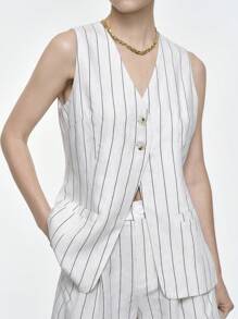 Aalyst 女式简约条纹 V 领无袖前开襟夹克，带衬里，优雅休闲度假工作服春夏 - 米色 - 查看 4