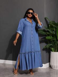 SHEIN Lady Plus Size Damska Sukienka Jeansowa Długi Rękaw Luźna Niebieska Sukienka Koszulowa Sukienka Z Rozcięciem z Boku Sukienka Z Falbanką Sukienka Plus Długość Stroje Letnie Dla Kobiet Stroje Wakacyjne Damskie Romantyczne Sukienki Letnie Sukienki Dla Kobiet Sukienki Wiosenne Dla Kobiet Stroje Cowgirl Dla Kobiet Stroje Boho Rave Festiwal