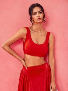 Charllene Santos Designer Red Solid Sleeveless With Wide Straps Square And Deep Neck Crop Top, Festival - Red - View 2