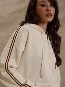 MUSERA Oversized Stripe Arm Detail Cuffed Zip Through Hoodie Spring Bridal Bachelorette Hen Do Wedding Wedding Party Casual - Cream - View 5