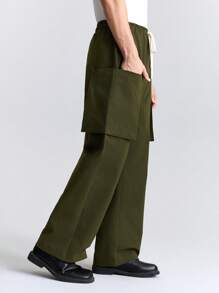 Ontre Men's Solid Color Lace-Up Pocket Casual Long Pants - Army Green - View 1