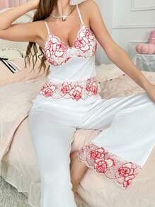 INS Style Lace Contrast Color Slip Dress Women Pajamas Set - Red and White - View 5