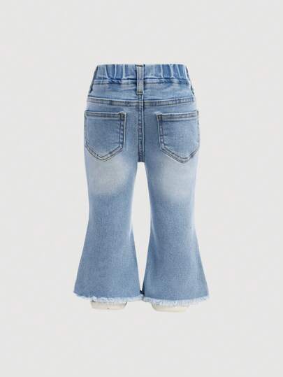 SHEIN Quần jean denim cạp chun co giãn màu xanh dương có túi cho bé gái năm 2025, kiểu dáng thường ngày, thích hợp mặc vào mùa thu đông, mát mẻ/cho bé gái dịp Lễ Tạ ơn, mùa xuân hè, phong cách đồng quê boho, đi biển, phong cách đường phố miền Tây, kỳ nghỉ xuân, lễ hội nhạc rave.
