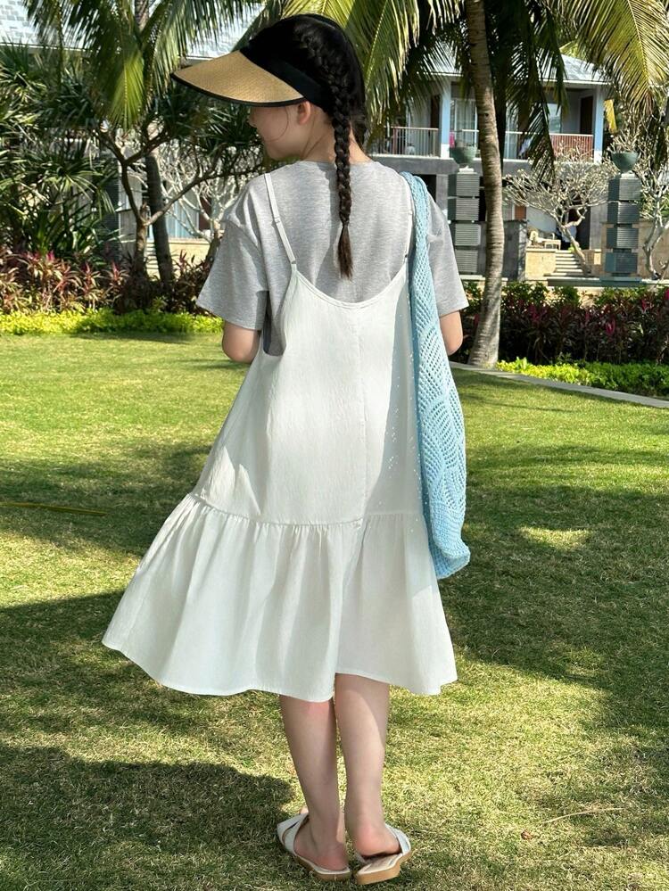 Tween Girls Vacation Casual Solid Color Camisole Dress With Bow Print Short Sleeve Top 2pcs Set,Girls Summer Outfits,Back To School Clothes