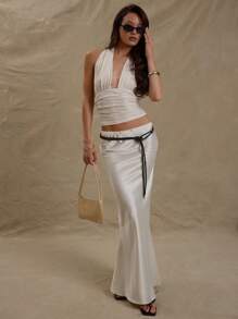 MUSERA Halterneck Open Ruched Bust Fitted Tank Top Spring Summer Vacation Cute Summer Ibiza Holiday Going Out Top