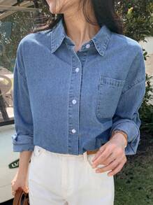 DAZY Blusa de mezclilla de ajuste holgado casual para mujer, chaqueta de mezclilla, ropa de mujer para otoño