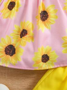 SHEIN 2 件装女婴时尚活泼向日葵印花粉色吊带背心搭配黄色短裤套装，适合夏季日常穿着 - 黃色 - 查看 5