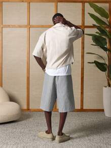 SUMWON Bermuda premium in lino a righe, casual, per l'estate e la spiaggia, con coulisse, vestibilità rilassata, lunghezza al ginocchio, abbigliamento da resort - Grigio - Visualizzare 5