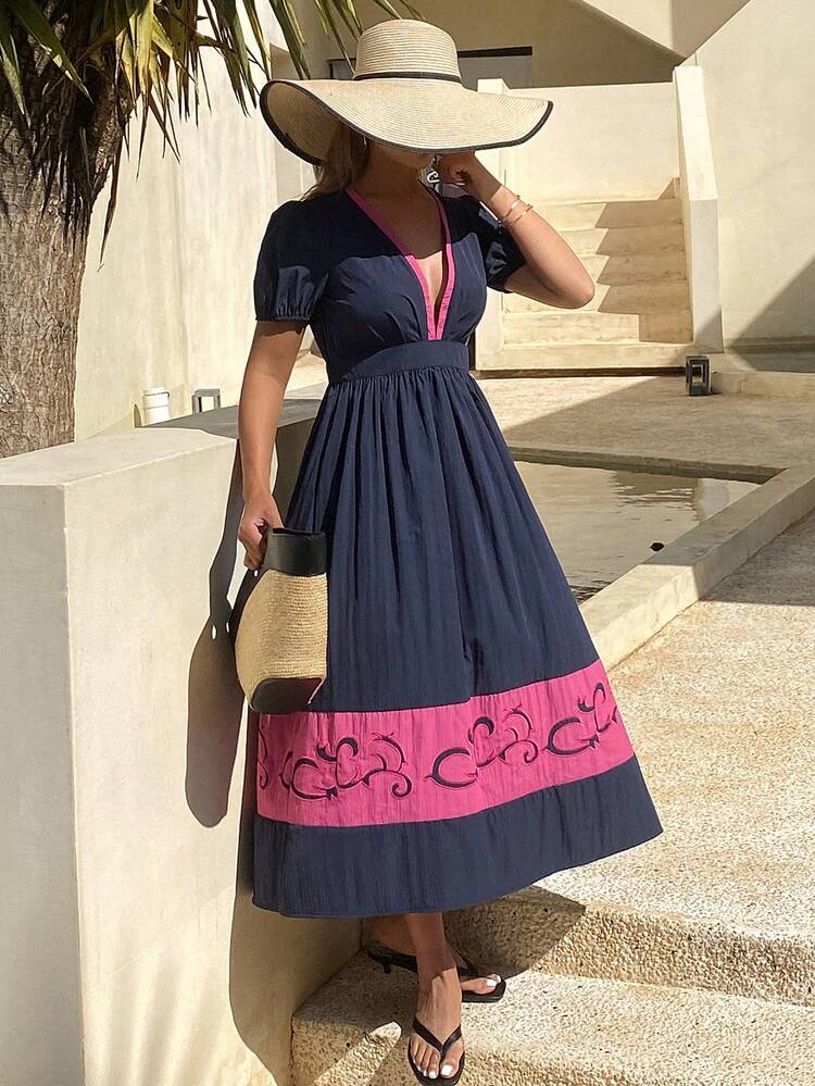 Beach Resort Bohemian Floral Print Contrast Color Block V-Neck Cinched Waist Ruffled Hem Puff Sleeve Women Dress Sundress,Casual Women Dresses Maxi Dress