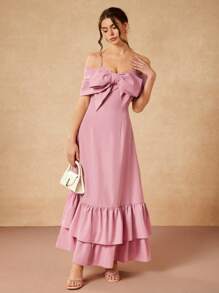 Gabriela Silveira Vestido maxi elegante y sofisticado de color rosa pastel con gran lazo 3D y volantes en el bajo, apto para fiestas, conciertos, eventos formales, bodas, fiestas de cumpleaños y verano