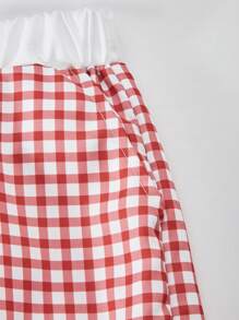 SHEIN Explorewe Set de 2 piezas: Camiseta con estampado de cerezas y pantalones con cintura a cuadros en contraste para niñas, conjunto casual