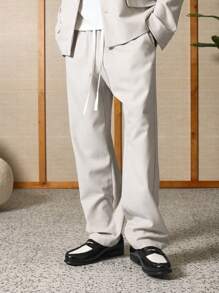 SUMWON Professional Linen-Look Straight Fit Men'S Trousers With Drawstring Waist, Versatile Office Casual Resort Wear, Modern Minimalist Relaxed Style - Light Grey - View 2