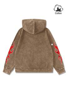 Manfinity Roghcode 男士休闲水洗标语印花拉链连帽衫，秋冬款 - 咖啡棕 - 查看 3