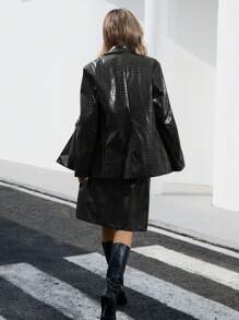 Aveloria Modichic New Elegant Casual Crocodile Print PU Blazer Jacket And Midi Skirt Set, Business Commuting Outfit For Women, Autumn